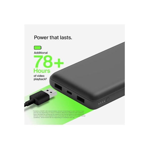 Bärbar laddare - BELKIN - 20000 mAh - 15 watt - 3 utgångsanslutningar (2 x USB, USB-C) svart