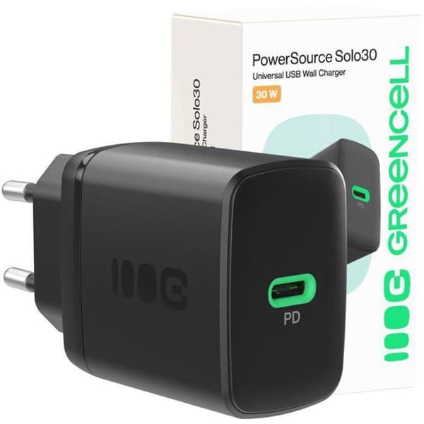 Grön cell - CHARB-GC-30C-B - Greencell PowerSource Solo30 USB-C Power Delivery Laddare Svart 30 W
