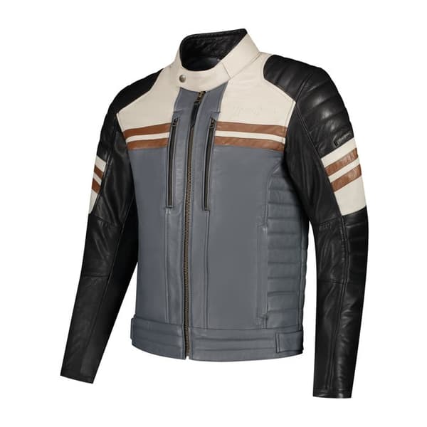 Motorcykeljacka i läder Rusty Stitches Jack Steve svart/beige/grå/mörk jag