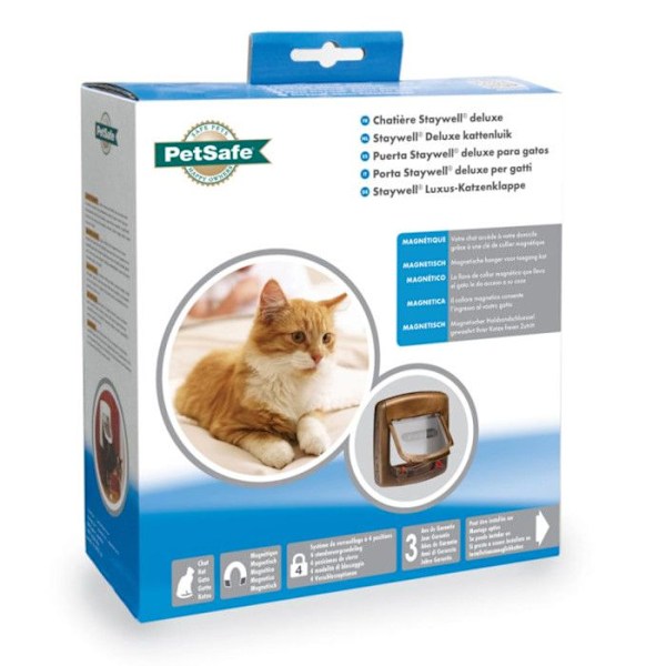 PetSafe - Staywell Deluxe Magnetisk kattlucka för katter, 4-vägslåsning - Halsband med magnetnyckel - Träfinish Brun