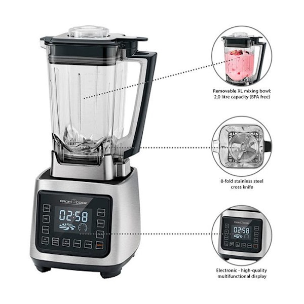 Mixerskål - PROFICOOK - PC-UM 1127 - 2000 Watt - 2 L - Svart, Rostfritt stål