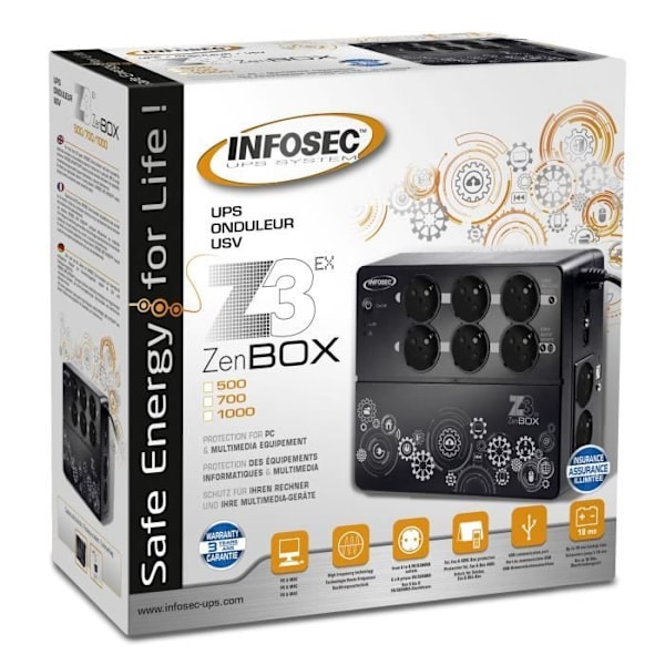 1000VA UPS - Högfrekvensteknik - 4 skyddade uttag + 4 uttag med autonomi + RJ 45 (1 IN/1 UT) - Skydd