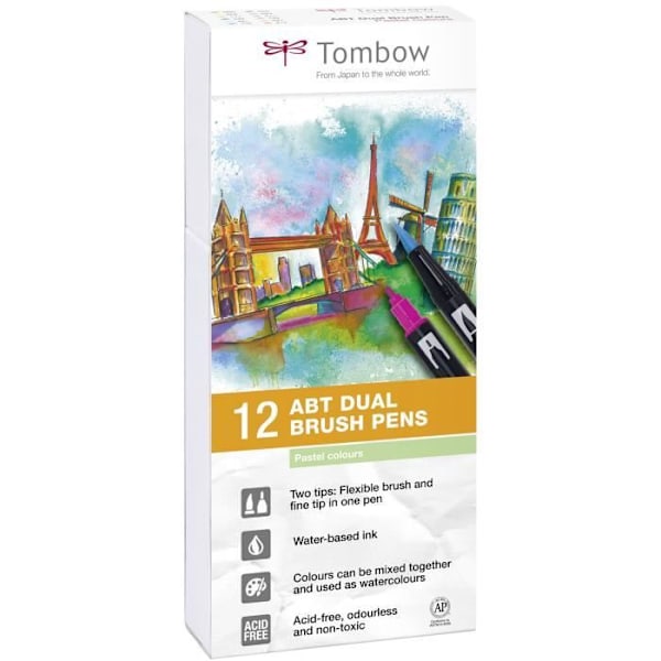 TOMBOW Box med 12 ABT markörer - Pastellfärger. Flerfärgad