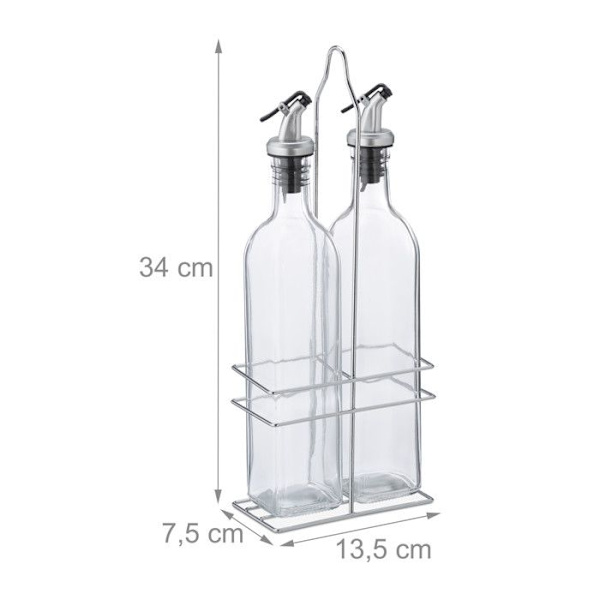 Relaxdays Set olja och vinäger, 2 flaskor à 500 ml med ställ i järn, MÅTT: ca 34 x 13,5 x 7,5 cm, transparent transparent, silver