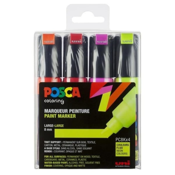 Markers - PC8K - Set of 4 - Wide chiseled tip - Fluorescent colors - Opaque Röd Fluo, Rosa Fluo, Orange Fluo, G