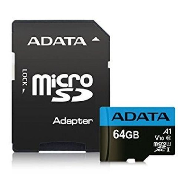 ADATA 64 GB Premier Micro SDXC Flash-minneskort med SD-adapter, UHS-I klass 10 med A1-prestanda