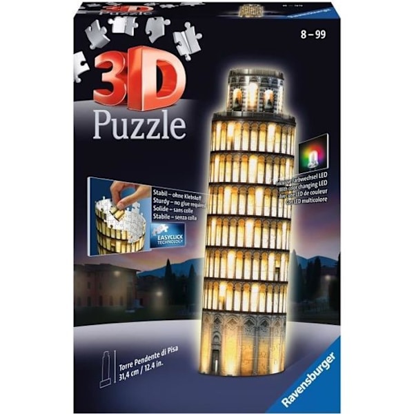 3D Pussel Tower of Pisa upplyst - Ravensburger - 216 bitar - utan lim - med färg LEDS - Från 8 år Vitt, gult och svart