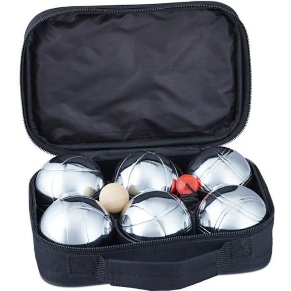 Relaxdays Boule Set, 6 Boccia Kugeln aus Metall, Zielkugel & Abstandsmesser, Petanque mit Tragetasche, silber / schwarz -