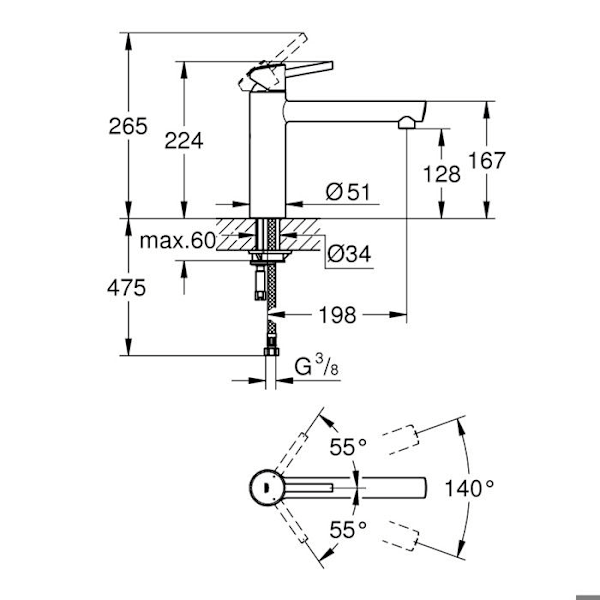 Concetto diskblandare 31128DC1 - GROHE - Medium svängbar gjuten pip - 140° rotation - Supersteel Supersteel