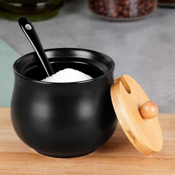 Keramiksockerbehållare - VILDE - Svart - Lock i bambu - Sked ingår - 9x9 cm - 250 ml - Modern design brun