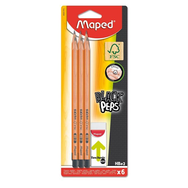 Maped - Set med 6 Black'Peps FSC HB grafitpennor och 1 White Technic 600 Eraser - Träpennor