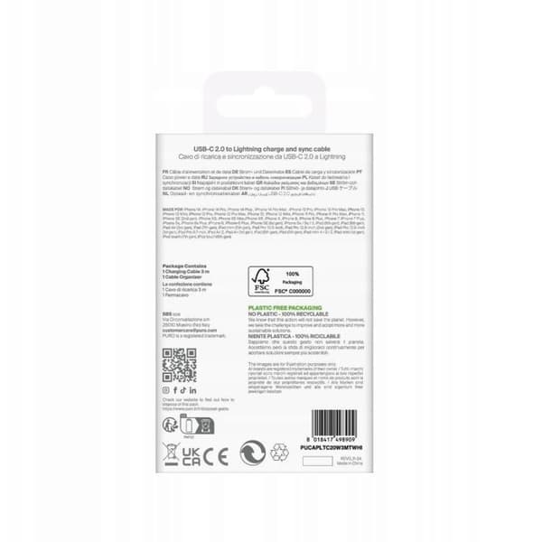 Laddningskabel - PURO - TPE 20 W - USB-C - Lightning - 3 m - Vit Vit