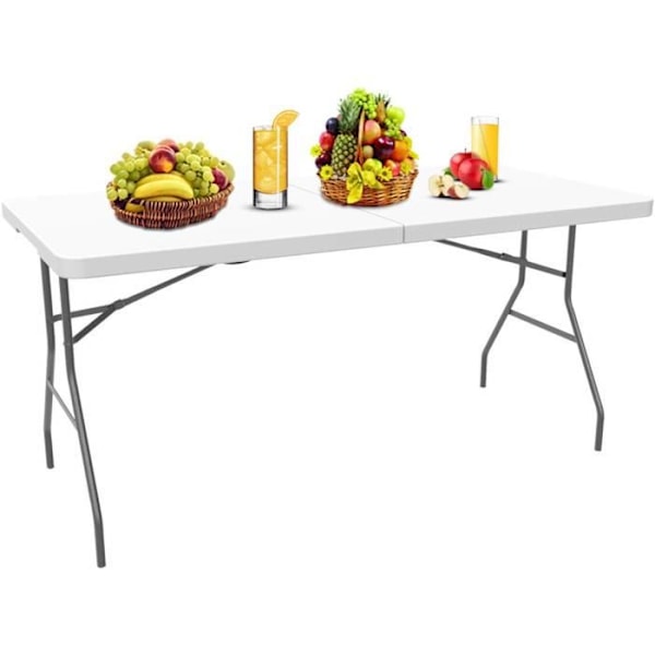 Bärbart hopfällbart bord, robust plastbord, 180 x 76 x 74 cm, Vit, hopfällbart på mitten, Material: HDPE