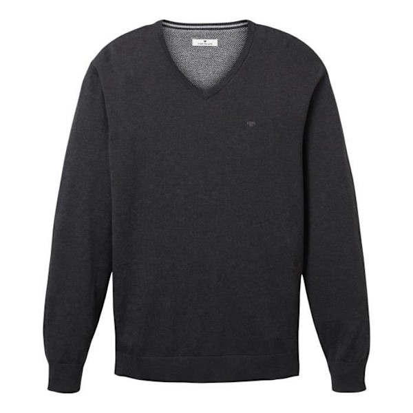 T-shirt i bomull - TOM TAILOR - Mörkgrå - V-ringning - Rak passform - Långa ärmar Antracit M