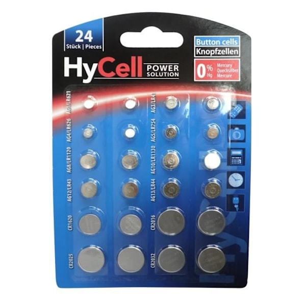 Blister med 24 knappars batterier från 1,5 till 3 volt - HyCell