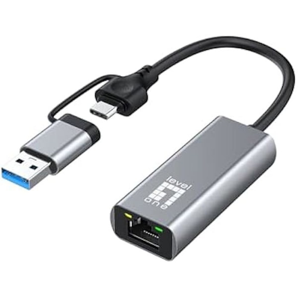 LevelOne USB-0423 2,5 Gigabit Ethernet 2-i-1 USB-C/A nätverksadapter Grå