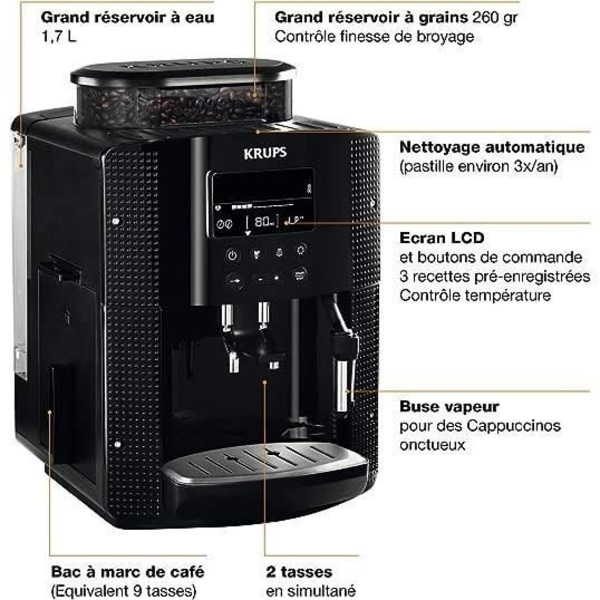 KRUPS kaffebönmaskin, 1,7 l, espressomaskin, ångmunstycke för cappuccino, 2 koppar samtidigt, Essential YY8135FD Svart