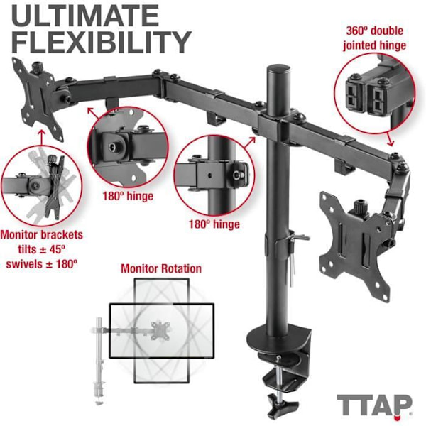 Stödmonter - Ttap - Dubbelarm - 90° lutning - 360° rotation - VESA 75x75/100x100