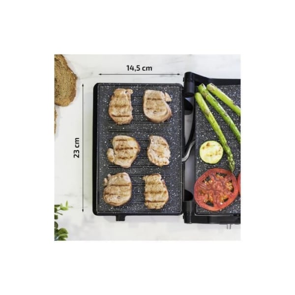 Panini-grill, elektrisk köttgrill, stekpanna och smörgåsmaskin med RockStone-beläggning. 180º öppning. 750W