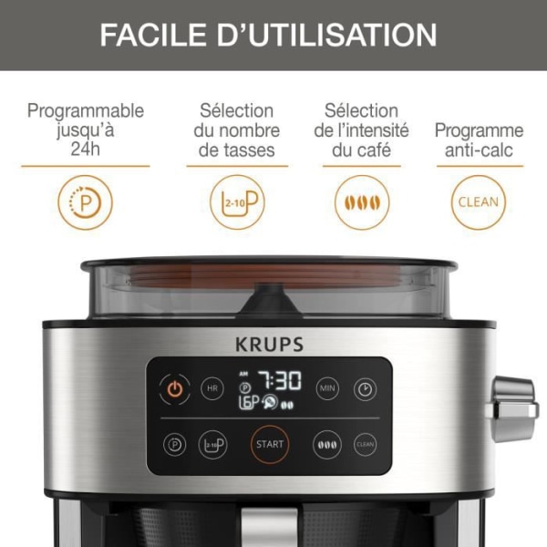 KRUPS KM760D10 Aroma Partner filterkaffebryggare - Lufttät behållare - Automatisk dosering - Upp till 15 koppar Rostfritt stål