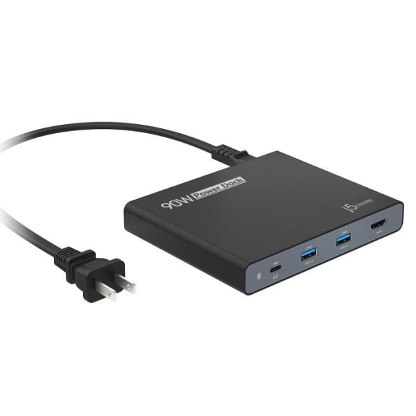 j5create JCDP392 USB-C Travel Dock med inbyggd 90W - Storbritannien, inkluderar 1x HDMI-port och 3x USB-portar, svart