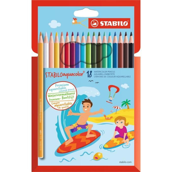 Vattenlöslig färgkrita - AQUACOLOR - 18 kritor - Blyt 2,8 mm - Strålande palett - Löslig i vatten Stor palett av strålande färger