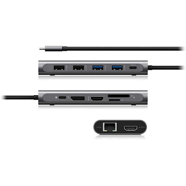 ICY BOX USB-C Dockningsstation med 2 HDMI-portar, 1 DisplayPort 1.4, 100 W strömförsörjning, 4 USB-portar, Läsare av