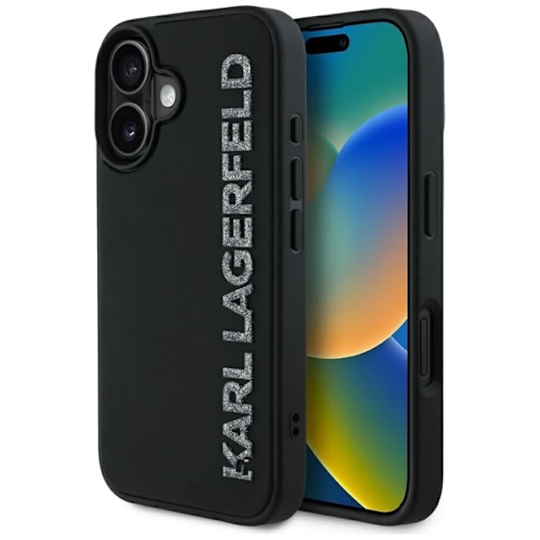 Coque för iPhone 16 - Karl Lagerfeld 3D-design (KLHCP16SRBKKGVVCK) - Förlängt glittrande gummiloggos svart