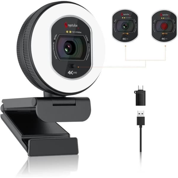Webcam Angetube 866Max 4K – Autofokus TOF, dubbel AI-brusreducerande mikrofon, justerbar ljusring, USB-A/USB-C