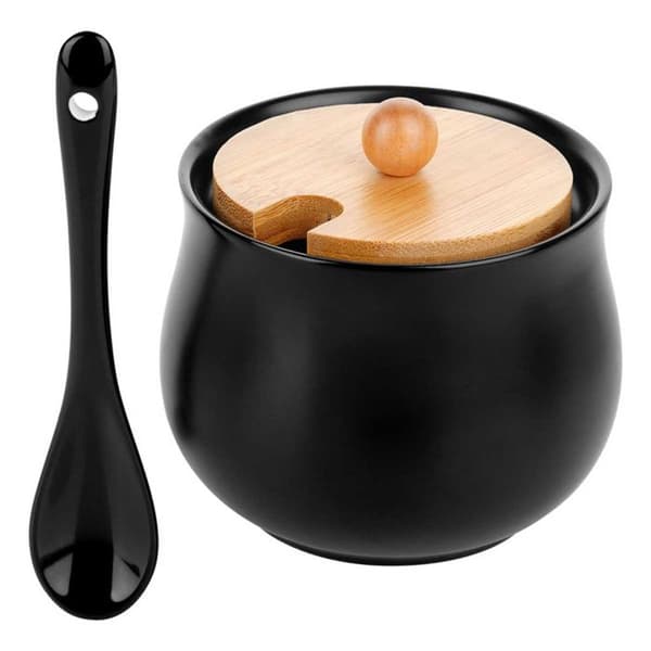 Keramiksockerbehållare - VILDE - Svart - Lock i bambu - Sked ingår - 9x9 cm - 250 ml - Modern design brun