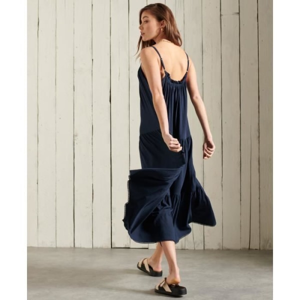 Superdry mellanlång klänning i jersey för kvinnor - bläckblå - Volanger - Sidofickor - Justerbara axelband Bläck blå 38