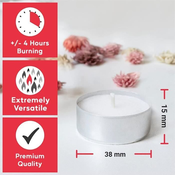 Hofer värmeljusljus - paket med 100 stycken - 4 timmars bränntid - oparfymerat vax, droppfritt, långvarigt, EU-kvalitet VIT