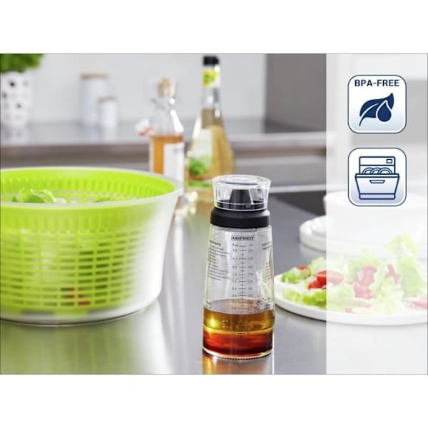 Shaker för vinägrett Leifheit 3195, graduerad vinägrettblandare på 300 ml med droppfri hällpip, 5 recept ingår klar och svart