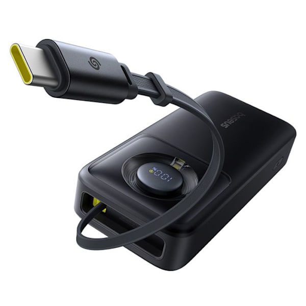 Batteri 20 000 mAh, 65 W, inbyggd typ C-kabel - Baseus Free2Pull (P100737701123-00) - Svart