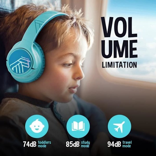Barnhörlurar - PowerLocus - Bluetooth - Begränsad volym 74-85-94dB - 45 timmar - Färgade LED-lampor Blå