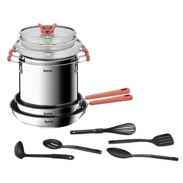 TEFAL G721SD74 13-delat köksredskapsset, induktion, rostfritt stål + non-stick beläggning, stekpanna, kastrull, Opti'Space