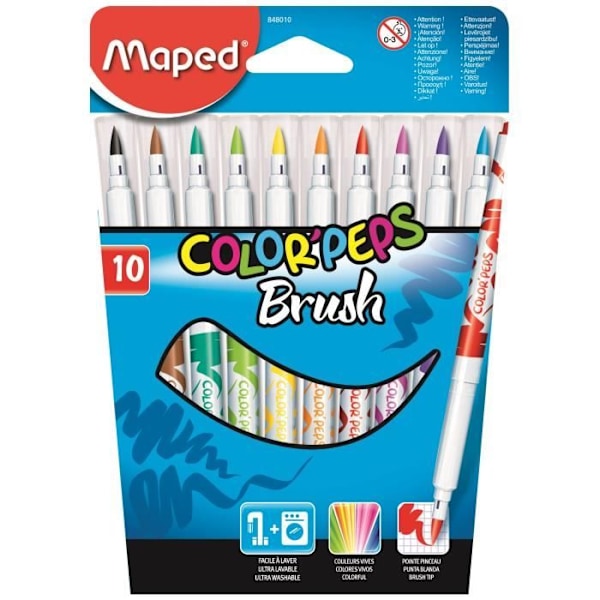 Markörer - MAPED - Color'peps Brush - 10 färger - Medium blockerad spets - Ultratvättbar 10 färger