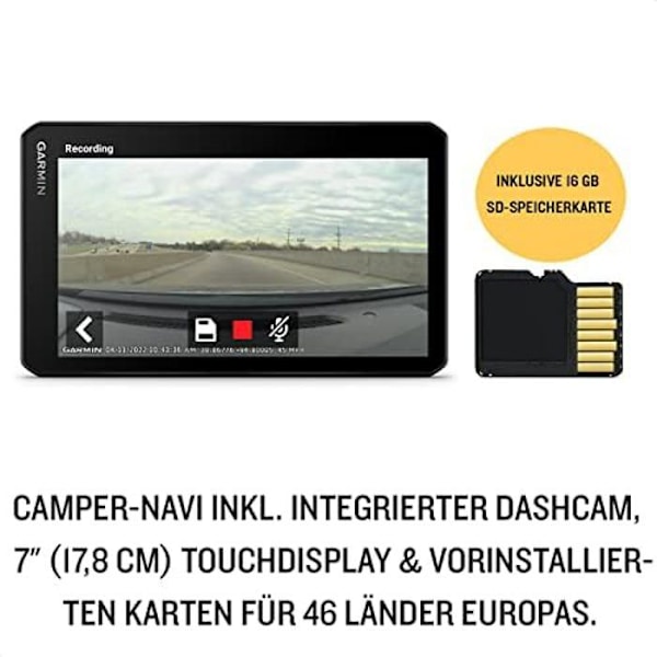 GPS för husbilar - GARMIN - CamperCam 795 - Inbyggd Dash Cam - DAB Trafikinfo - Svart