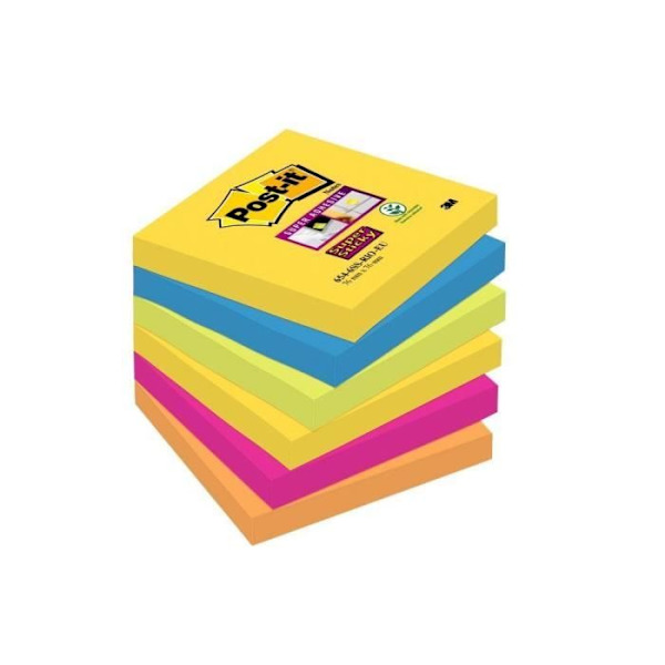 Bloc-notes - POST-IT - Färger Rio - 76 x 76 mm - Paket med 6 - Super Sticky Neongult/Medelhavsblått/Neongrönt/F
