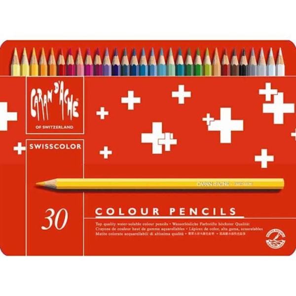 Färgpennor - CARAN D'ACHE - Swisscolor - Metallfodral med 30 st - Kärna 2,8 mm - Cederträ citron, orange, lax, scharlak, karm