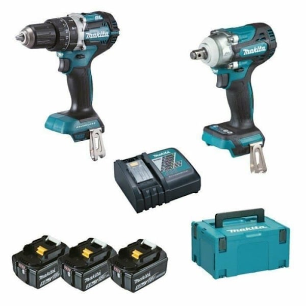 Slagborr - MAKITA - DHP484Z + DTW300Z - Sladdlös - 18V - 5 Ah - 3 batterier