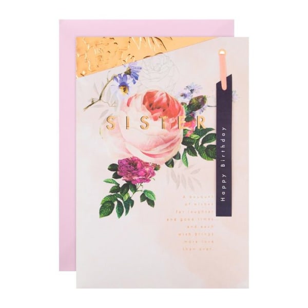 Hallmark 25577251 Födelsedagskort för syster - klassiskt präglad blommönster med guldfolie