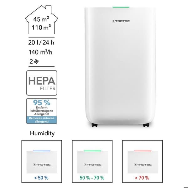Trotec Avfuktare-luftrenare TTK 70 HEPA (Plus) - 51 m2, timer Vit