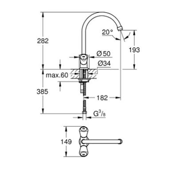 COSTA S diskbänksblandare med ett hål - GROHE - hög vridbar pip - metallhandtag - värmeisolering Krom