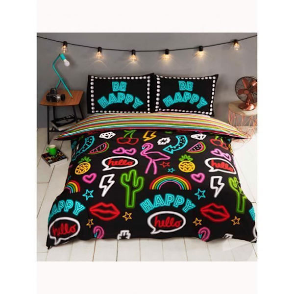 Sängset - RAPPORT - Att vara glad neon - Dubbelt täckningspåse - Flerfärgad - 200x200cm Flerfärgad