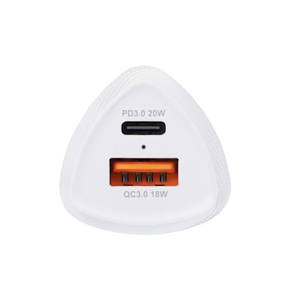 Laddare Bil 38W Forcell, Dubbel USB-port + USB-C, Snabb laddning PD 3.0 & QC 3.0, kompakt, Universell Vit