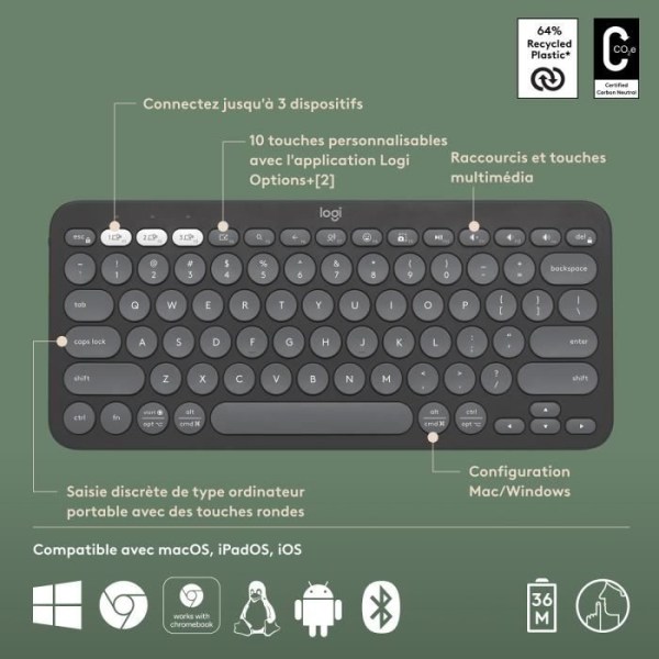LOGITECH - Trådlöst tangentbord - Pebble Keys 2 K380s - Bluetooth - Easy-Switch-knapp - Grafit - (920-011803)