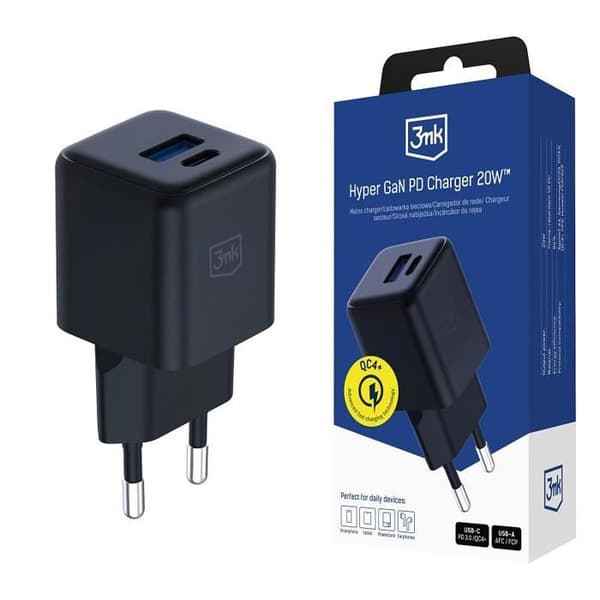 Laddare 3mk Hyper GaN 20 W QC4+ PD PPS USB-C USB-A Svart
