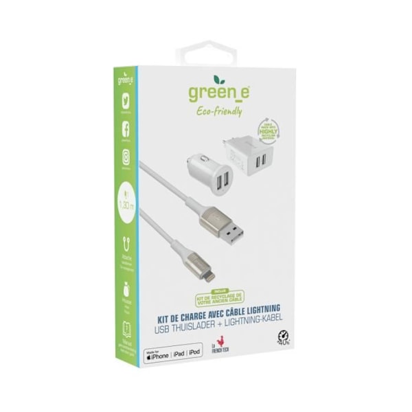 GREEN_E Kit 2USB snabbladdare bil + sektor + Kabel MFI - 1,3m - Vit