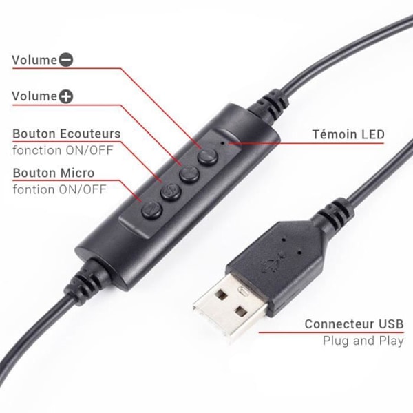 Hörlurar - WAYTEX - 69140 - Justerbar mikrofon - USB-anslutning - Justerbar volym Svart